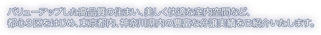 バリューアップした高品質の住まい、美しく快適な室内空間など、都心３区をはじめ、東京都内、神奈川県内の豊富な分譲実績をご紹介いたします。